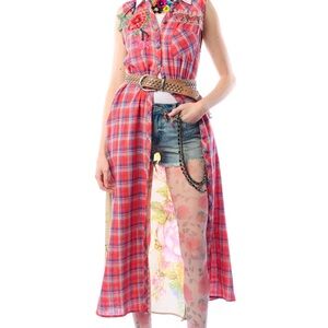 NWT Aratta Red Plaid You are a beauty Button-Down Maxi Duster Shirt Dress